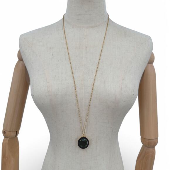 J Crew Crystal Enamel Long Pendant Necklace Green Oval Rhinestone Blue Enamel - Picture 3 of 11